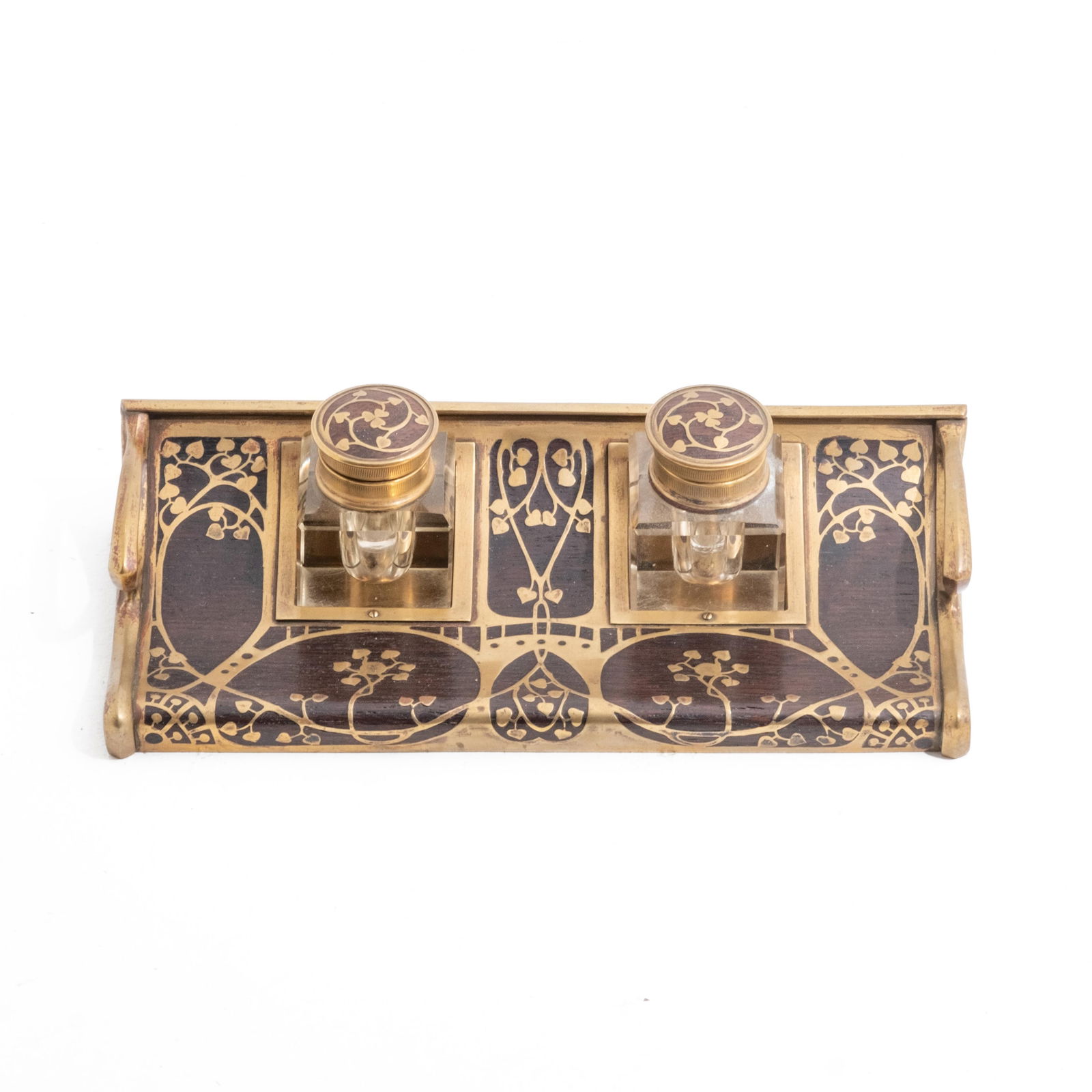 Erhard & Sohne Art Nouveau Copper Inlaid Wood and Glass Inkwell (1 of 12)