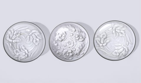 Three Verlys Etched Glass Large Centerpiece Platters