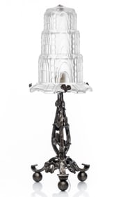 Sabino Lamp With Lalique Style Glass Shade On Edgar Brandt Style Base