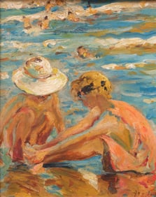 Emilio Grau-Sala Beach Scene signed Oil Painting on Panel, 1940-1950