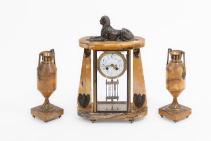 Egyptian Revival Marble and Brass Sphinx Fireplace Clock Garniture Set, Circa 1923