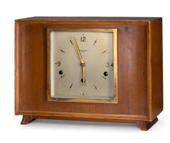 Mid-Century Modernist English Walnut and Brass Mantel Clock with Musical Chimes, signed