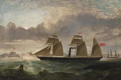 A Three-Masted Screw Steamer Coming into Port at Sunset, Oil on Canvas, British School, (19th