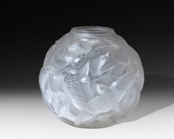 Lalique or Lalique Style "Swallows" Molded and Etched Glass Vase