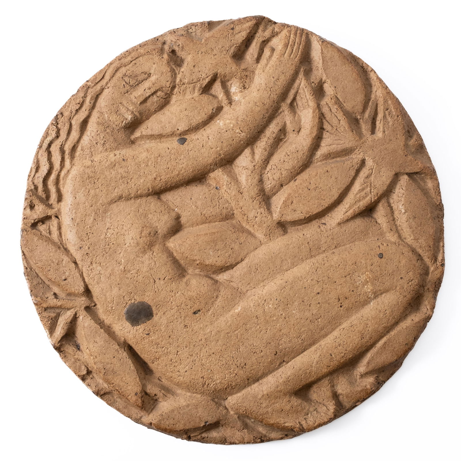 Rene Buthaud Rare Art Deco Ceramic Sculpture: Keywords: Rare, Ceramic Wall Sculpture, Chamotte Clay, Crouching Woman, Floral Surrounding, 20th Century, Fine Art, Rene Buthaud, Art Deco, Terra Cotta Summary: Rene Buthaud's rare ceramic wall sculpt