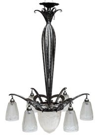 French Silvered Iron & Molded Glass Chandelier