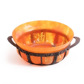 Daum Majorelle Large Signed Art Glass Wrought Iron Framed Bowl