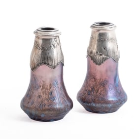 Loetz Silver-Mounted Iridescent Art Glass Vases, circa 1900