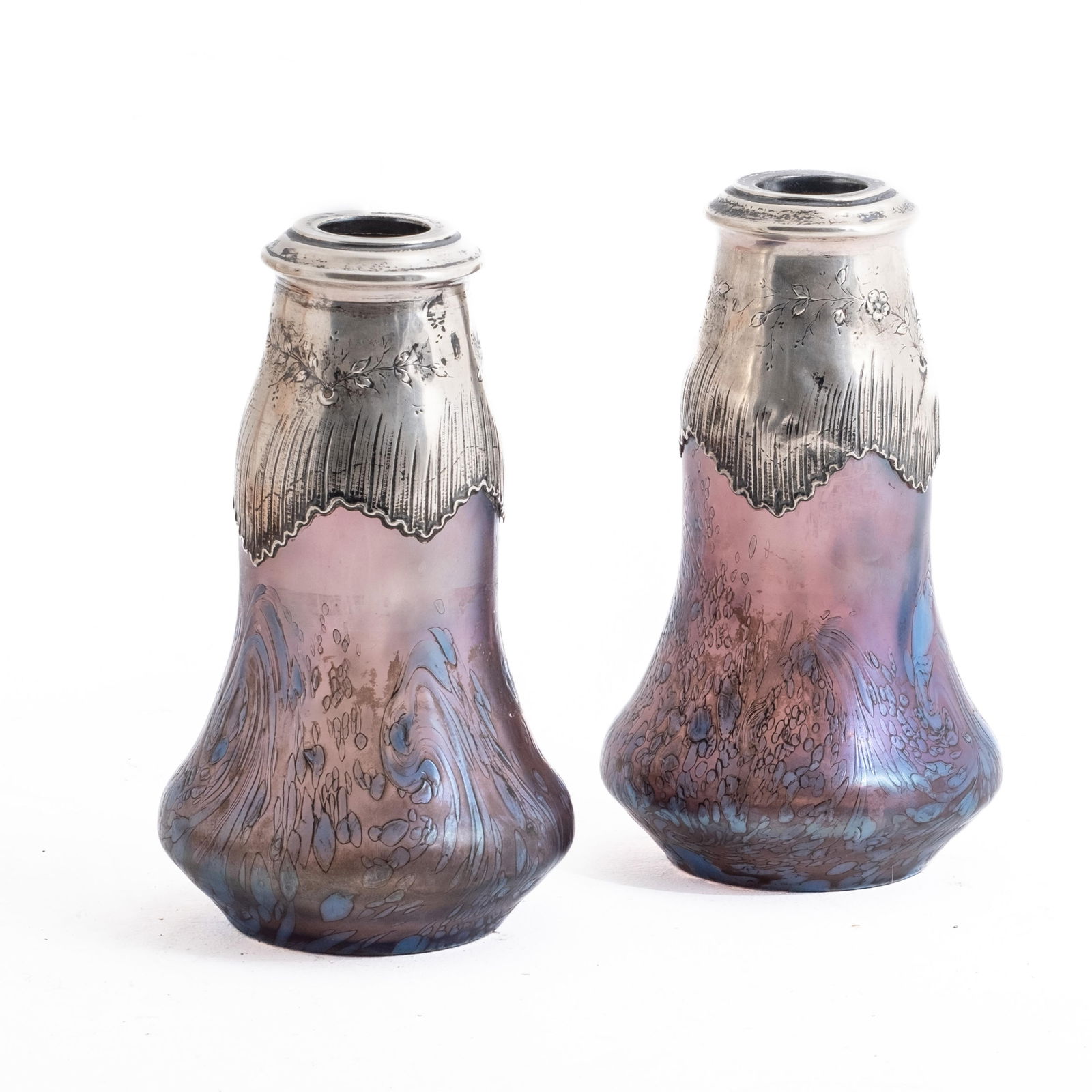Loetz Silver-Mounted Iridescent Art Glass Vases, circa 1900: Keywords: Johann Loetz, Glasfabrik, Silver-mounted, Pear-shaped vases, Iridescent glass, Floral motifs, Minerva hallmark, Antique vases, Art Nouveau, 19th century Summary: Pair of silver-mounted pear-