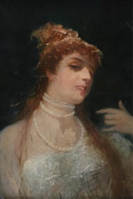 Hans Temple, Oil Painting of Woman Wearing a Pearl Necklace, late 19th c.
