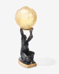 Molded Lalique Manner Etched Glass Shade and Bronze Sculpture Lamp, 1930s