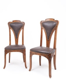 Louis Majorelle French Walnut and Leather Chairs, Pair