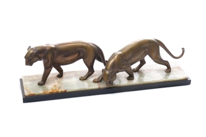 French Art Deco Sculpture, Titled "The Two Walking Lions"
