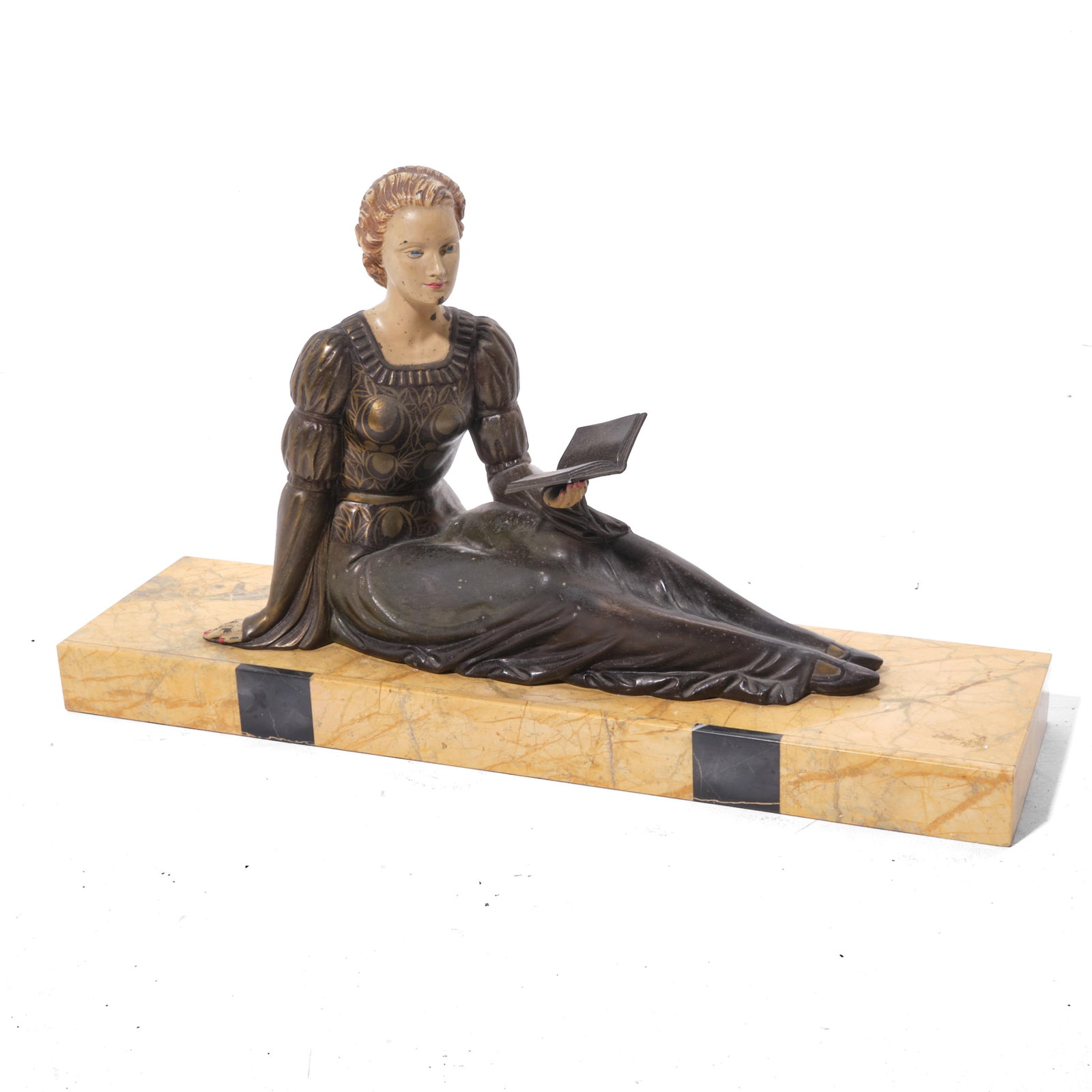 Henri Molins Cold Painted Sculpture on Marble Base: Keywords: Art Deco, French Sculpture, 20th Century Art, Cold-Painted Regule, Patinated Regule, Marble Base, Figurative Art, Modern Art, Henri Molins, French School Summary: This artwork is a sculpture
