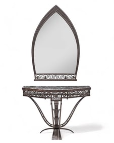 Paul Kiss Wrought Iron Console Table with Marble Top and Mirror, Circa 1925