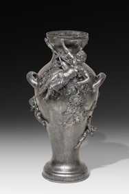 Orivit WMF Jugendstil, Silver Plate Pewter Vase with Putti and Nymph