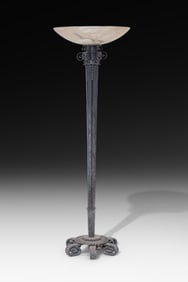 Paul Kiss Art Deco Wrought Iron Floor Lamp with Alabaster Shade, Circa 1930