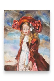 Roxana Gabi, Titled "The Red Hat", Watercolor Painting of a Young Woman