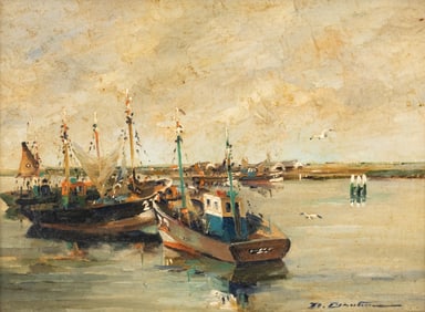 Mystery Artist, Titled "Fishing Boats" Oil on Canvas, 20th Century School