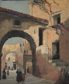 Gino Albieri - Scorcio di paese, Oil work on Panel Depicting a View of a Town, (1881-1949)