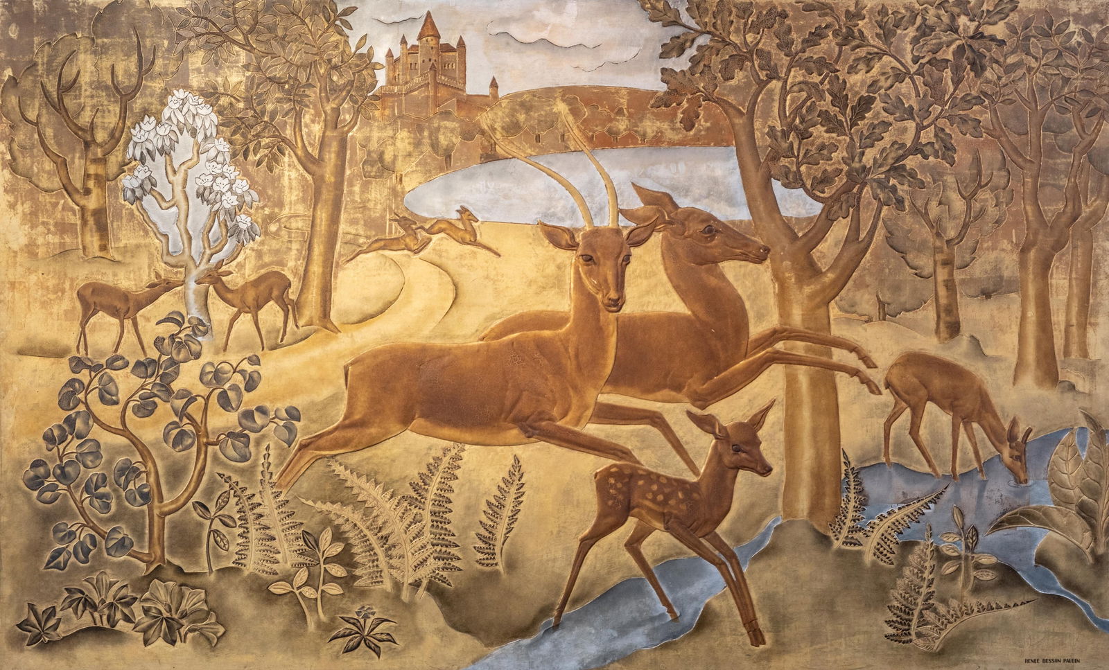 Renee Besson-Paulin Silver and Gold Carved Dunand Manner and Lacquer Painted Wood Panel (1 of 18)