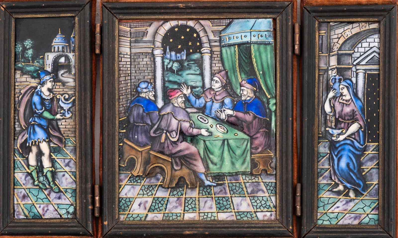 Limoges Antique Enamel on Copper Triptych, 19th Century: Keywords: Enamel on copper, Ancient scene, Copper art, Enamel artwork, Artistic triptych, Ornamental art, Copper craftsmanship, Decorative triptychLimoges antique enamel on copper triptych. Finely cra