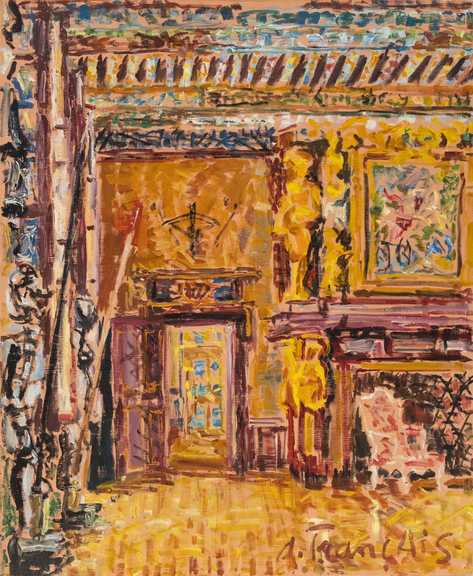 Anne Francais Oil on Canvas Painting, 20th Century: Keyword: Chateau de Cheverny, Guard room, Interior Scene, Opulent Room, Impressionist Style, Luxurious Interior, French Art, Ornate Setting, Warm Tones, Elegant Decor, Detailed Interior, Historical Ro