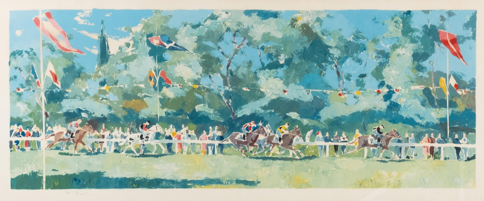 Raimon Ricart Gouache Painting of Horse Race 20th century: Keywords: Equestrian Art, Spectator Crowd, Racehorses, Sporting Event, Impressionist Style, Blue and Green Palette, Art Deco Influence, horses Raimon Ricart Gouache Painting of Horse Race. Bio: He was