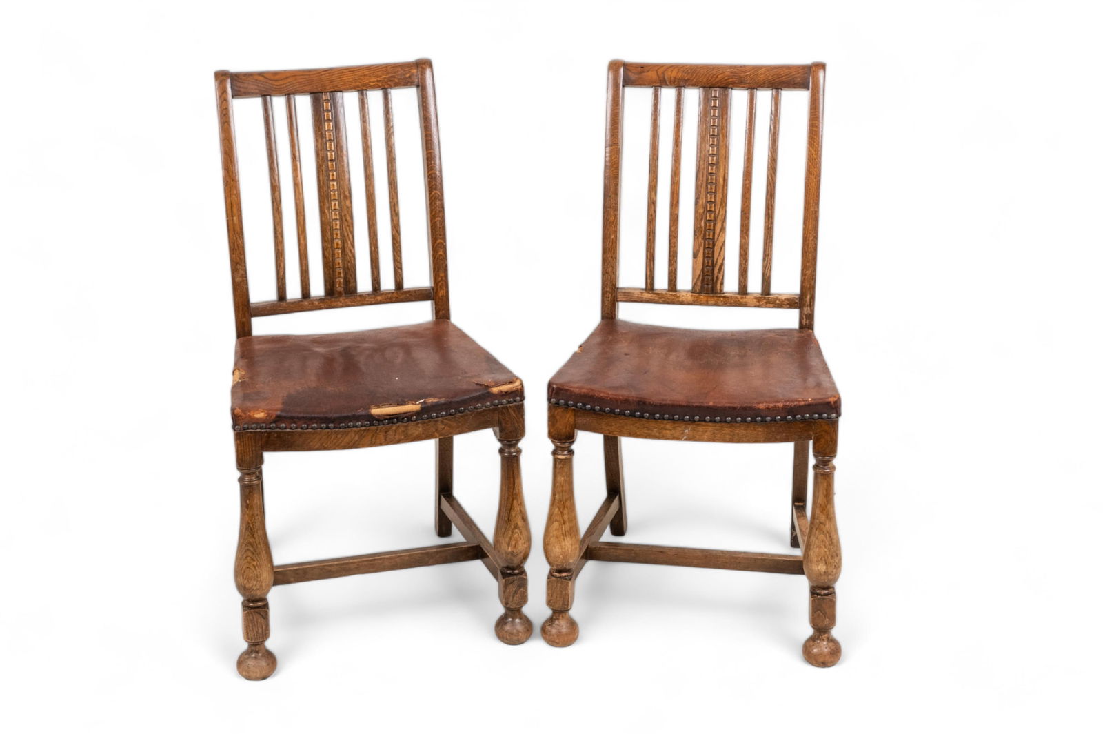 Pair of Art Deco Oak and Wood Frames with Upholstered Leather Side Chairs (1 of 11)