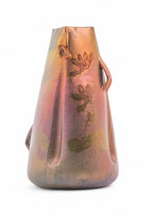 Handled Iridescent Massier Vase: Keywords: Clement Massier, Art Nouveau, French ceramics, nature-inspired motifs, iridescent finish,19th-20th century, floral designs, symbolist movement, Vallauris pottery traditionMassier (Attrib) va