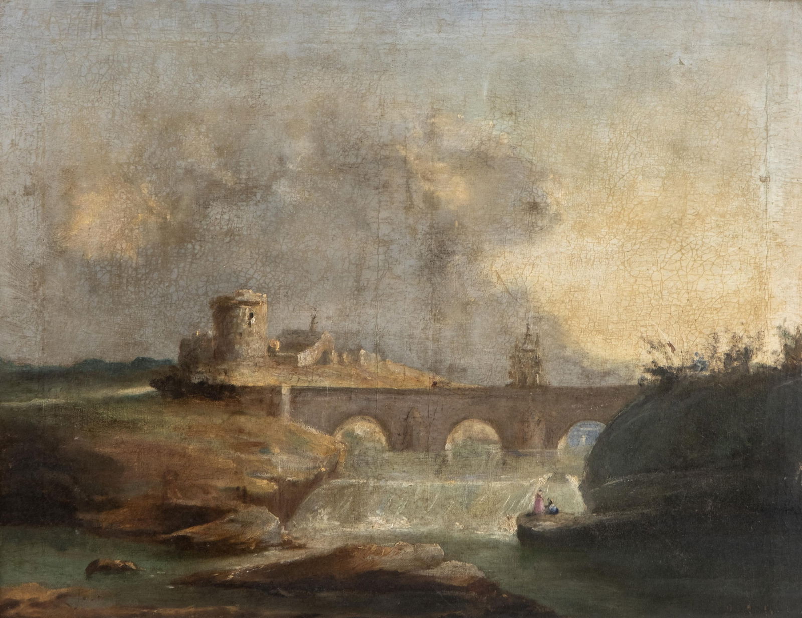 Painting Landscape at the Bridge, Oil on Canvas, 18th century (1 of 12)