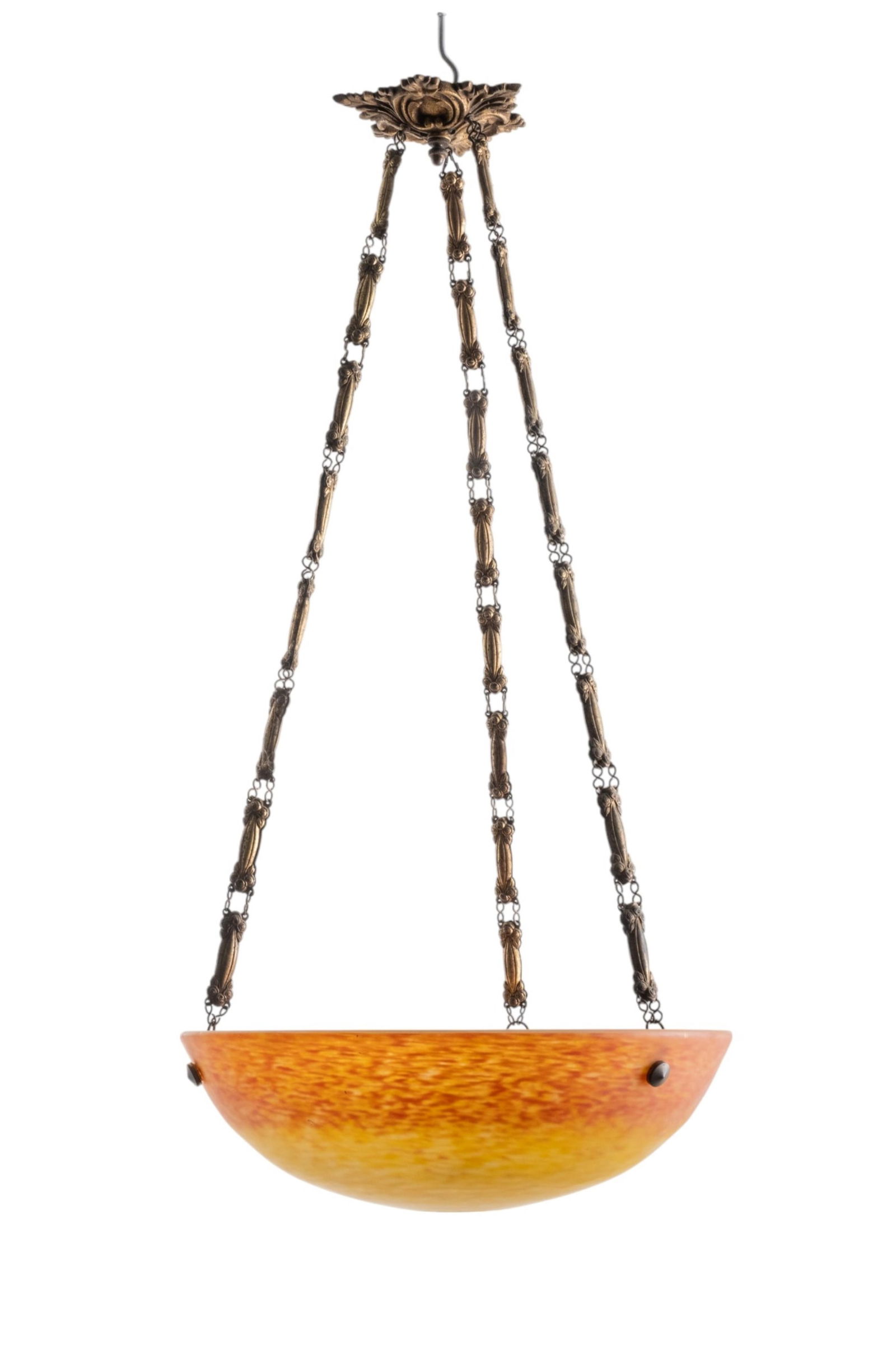 Signed Art nouveau Glass Deco hanging ceiling pendant lighting fixture: Keywords: Art Deco, French glasswork, orange and yellow gradient, hand-blown glass, suspended design, early 20th century, decorative lighting, luxury home decor, modernist influenceSigned Art Glass De