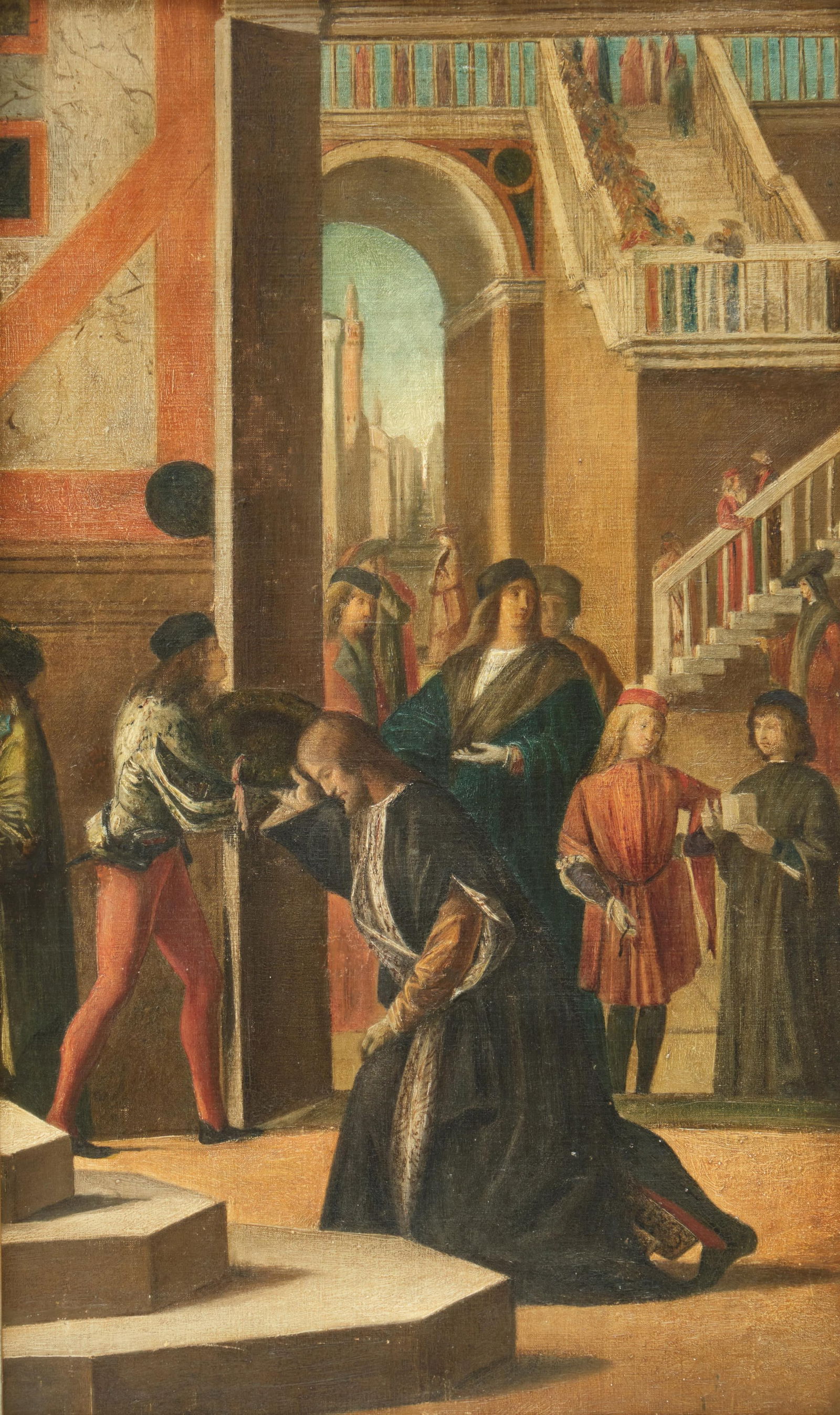 After Vittore Carpaccio, Oil on Canvas Painting: Keywords: Historical Scene, Vittore Carpaccio, Renaissance Revival, Detailed Costumes, European Painting, Italian Influence, Narrative Art, Period ClothingOld Master oil on canvas is likely a study fo