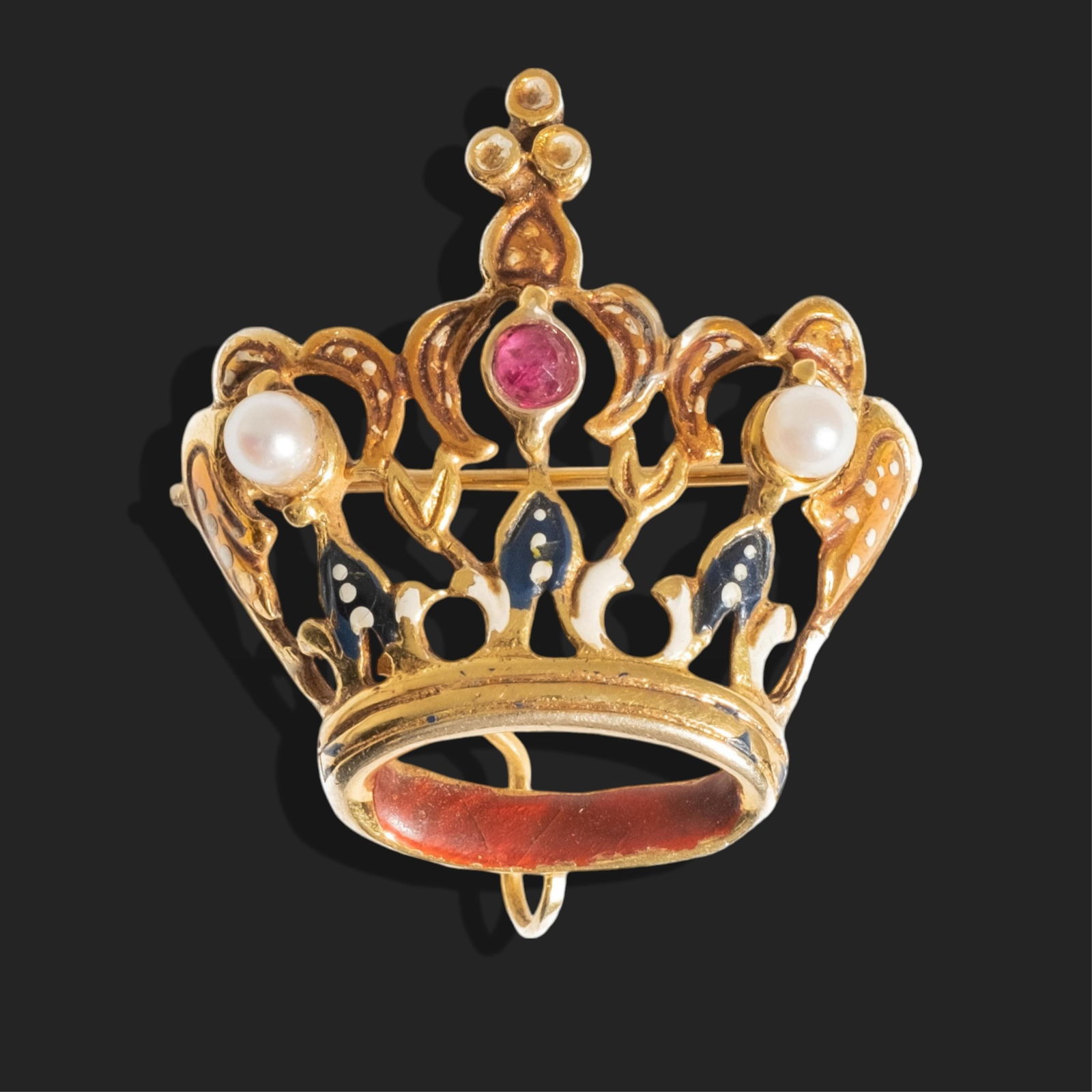 Gold, Pearl, and Enamel Crown Brooch (1 of 6)
