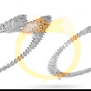 Ilias Lalaounis Signed 18K Two Tone Gold Diamond Ruby Bangle Bracelet: Keywords: Greek Jewelry, Textured Gold, Designer, Chimera, womens accessories, zolatas, lions, Greek Revival Style, Lion Head Motif, 18K Yellow and White GoldLalaounis 18k gold bracelet featuring text