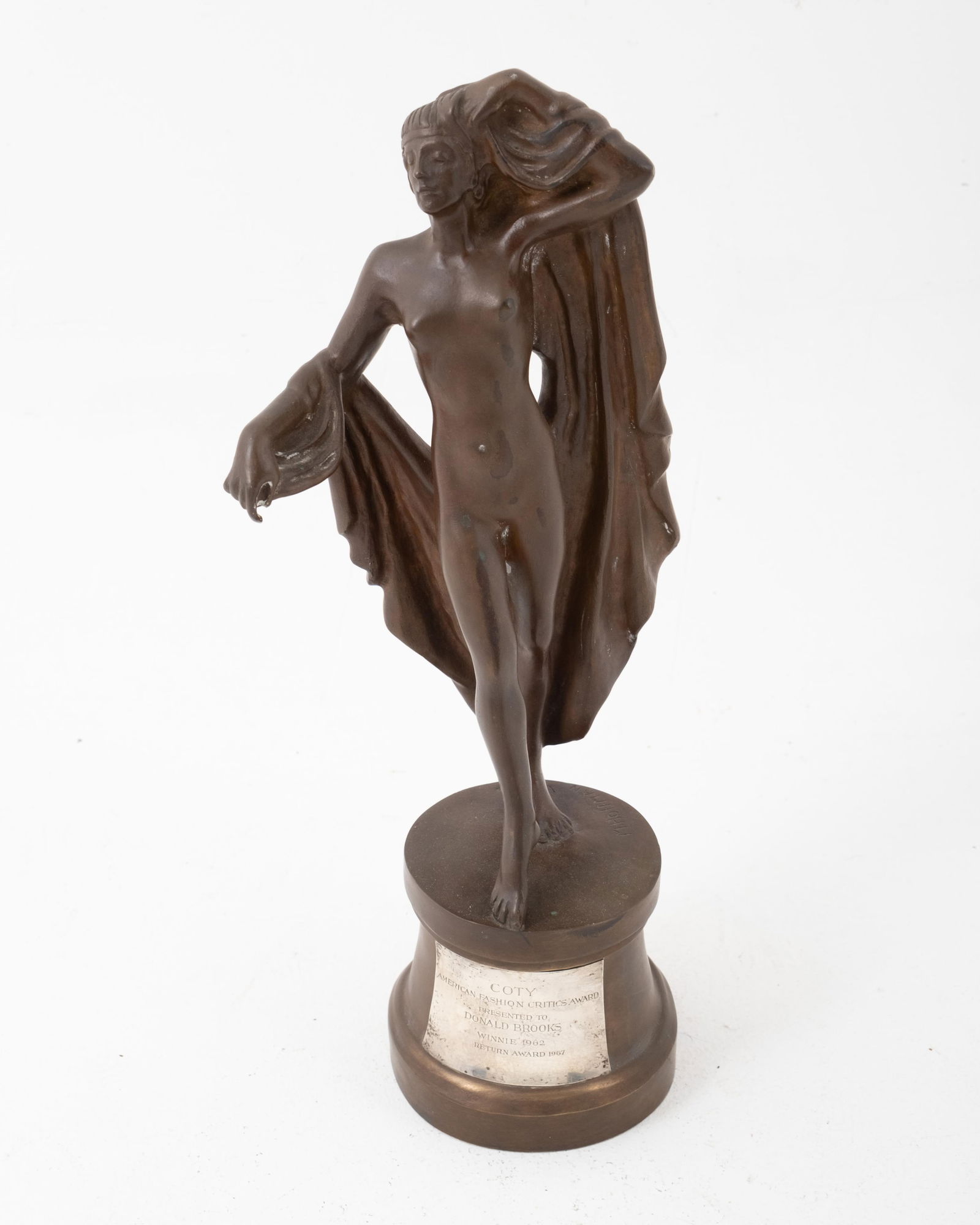 Rare Malvina Hoffman Bronze Sculpture, Coty Fashion Award to Donald Brooks 1962: Keywords: Malvina Hoffman, Coty Fashion Award, Donald Brooks, Fashion Trophy, Award, Fashion Design, 1962, Winnie, Fashion Critics Award, Collectible, SculptureMalvina HoffmanI signed Coty award Sculp