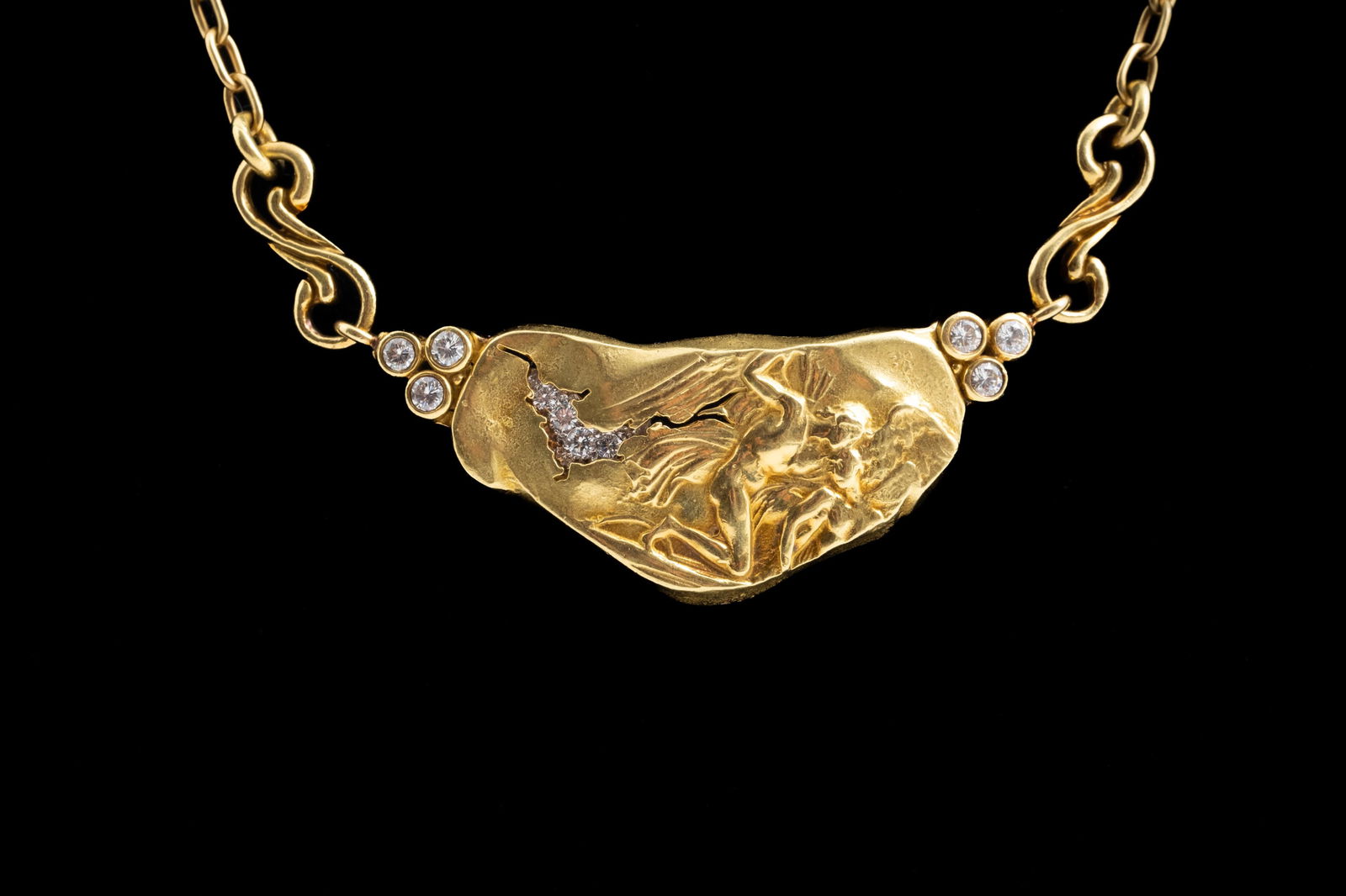 18K Gold and Platinum Art Nouveau Antique Pendant Necklace Mythological Romantic Scene (1 of 5)