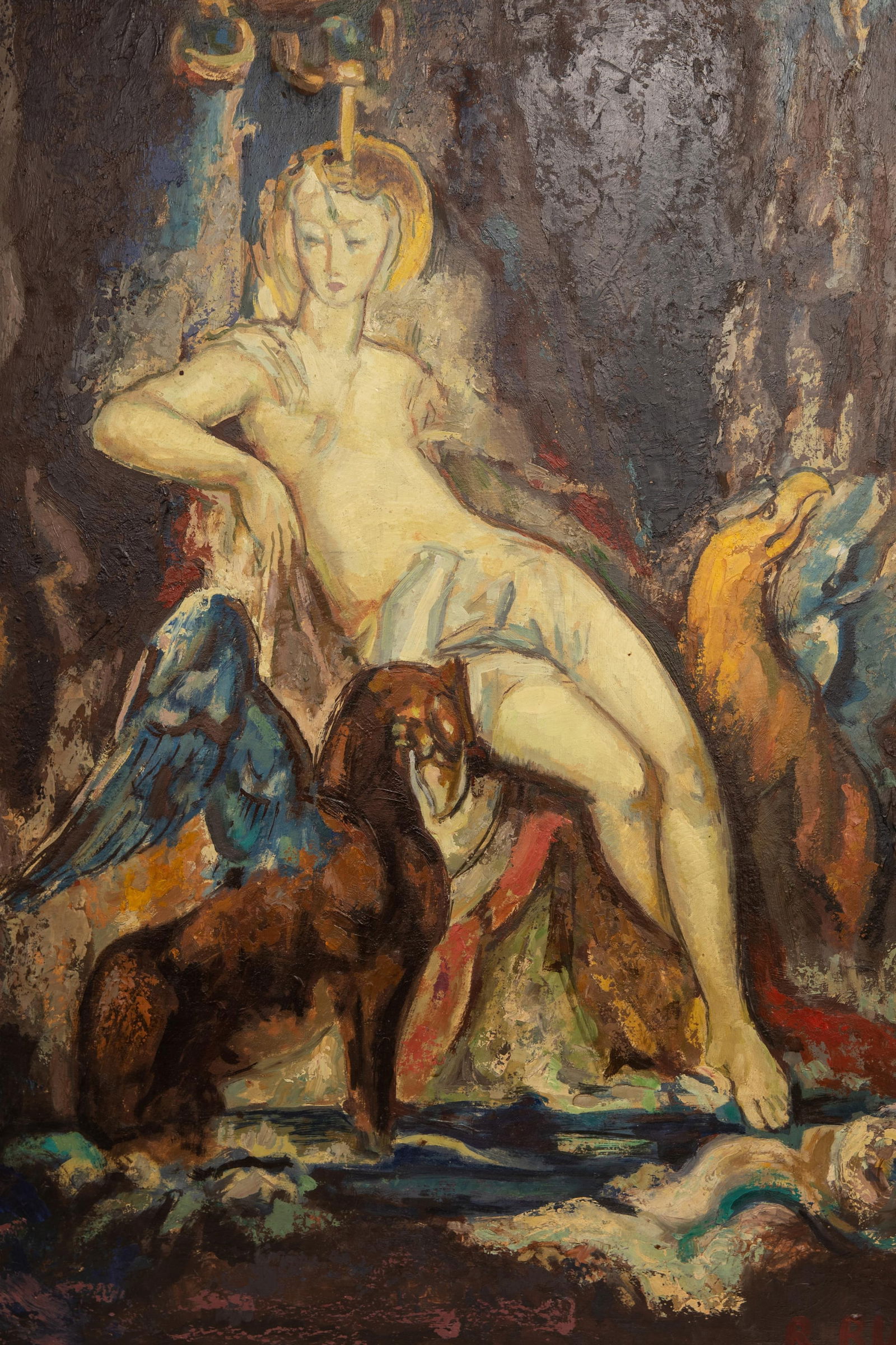 Rene Buthaud Signed "La Fée aux Griffons" Oil on Panel Painting: Keywords: Painting, Art Deco, French Artist, Pastel, Crayon, Watercolor, Goddess, Landscape, Provenance, Musee des Arts Decoratifs, Metropolitan Museum of Art, Gustave Moreau"La Fée aux Griffons" (Th