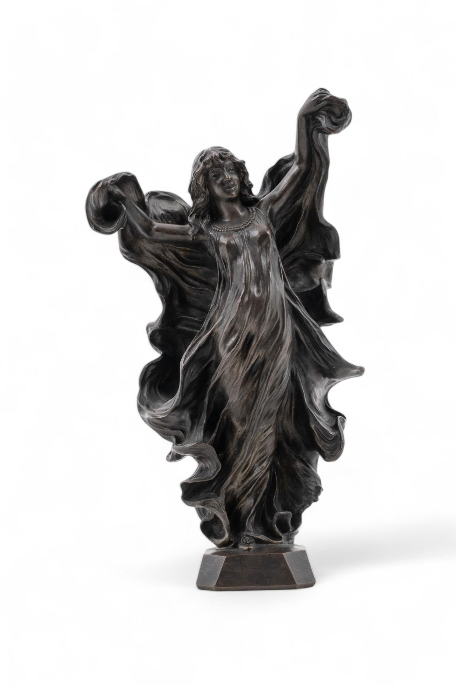 Art Nouveau Bronze Sculpture of Dancing Woman, Signed J. Garnier: Keywords: Art Nouveau sculpture, bronze figure, J. Garnier, dancing woman, signed sculpture, early 20th century, French art, decorative bronze, collectible figurine, elegant poseJean Garnier attribute