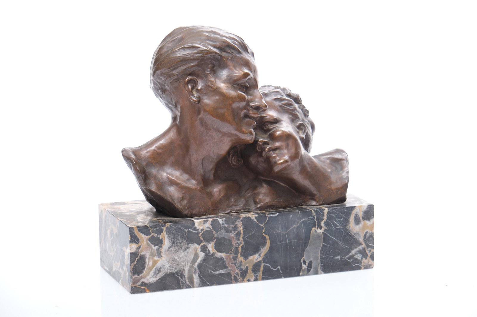 Rene Andre Varnier Bronze Sculpture, Circa 1930: Keywords: European Art, Continental, Statue, Figurative, Art Deco, Antique Bronze, Art Nouveau Sculpture, Portoro MarbleArt Deco bronze sculpture by Rene Varnier captures a romantic and dynamic scene