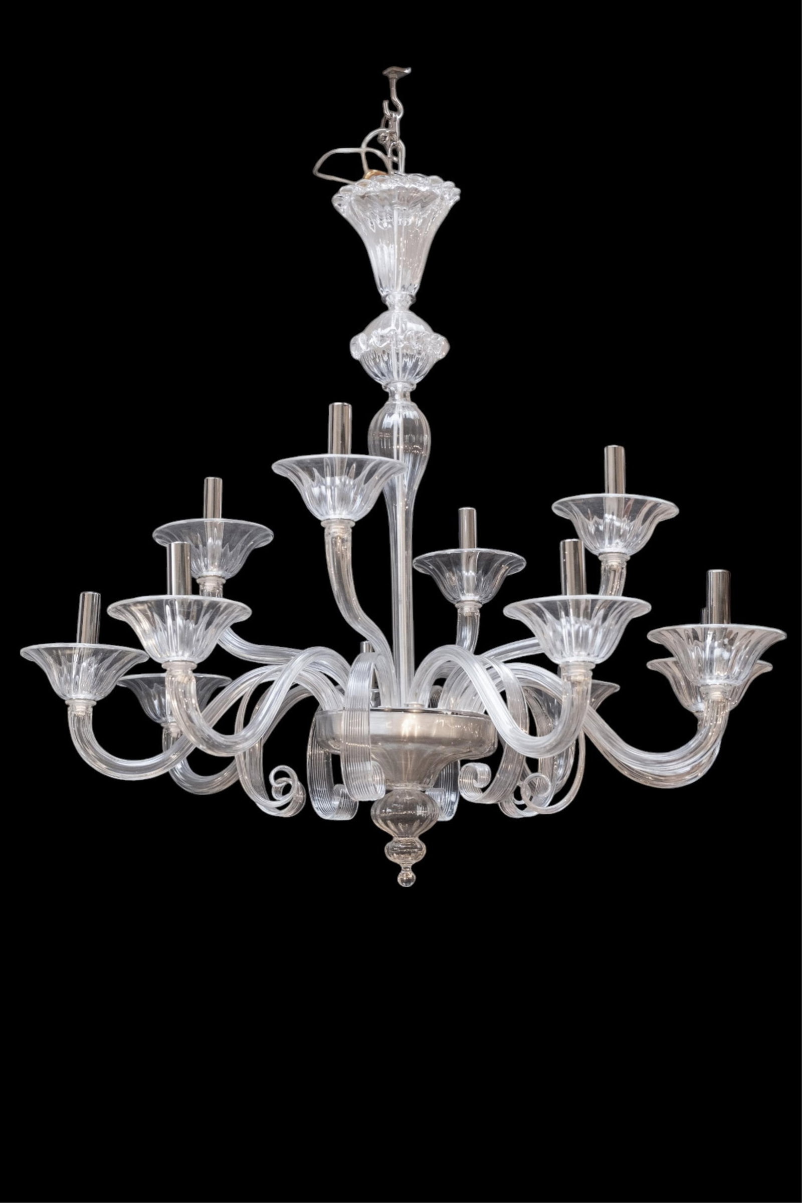 Murano 12-light Glass Chandelier: Keywords: Murano Glass, Venetian Lighting, Italian Craftsmanship, Clear Glass, Handblown Technique, Floral Accents, Ornate Detailing, Luxurious Lighting, 20th Century Design Murano 12-light glass chan