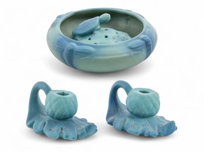 Antique Van Briggle Art Pottery Collection: Dragonfly Bowl, Frog Flower Holder, and Pineapple Motif: Keywords: Van Briggle pottery, Art Nouveau, dragonfly bowl, flower frog, antique art pottery, matte glaze, vintage Van Briggle, collectible pottery, early 20th centuryKeywords: Van Briggle pottery, ar