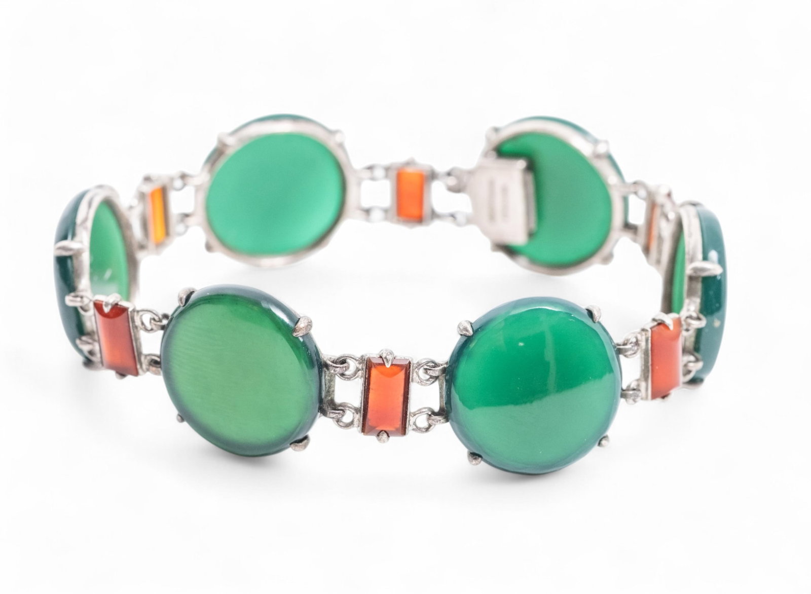 Wachenheimer Art Deco Chrysoprase, Garnet, and Sterling Bracelet, Signed (1 of 7)