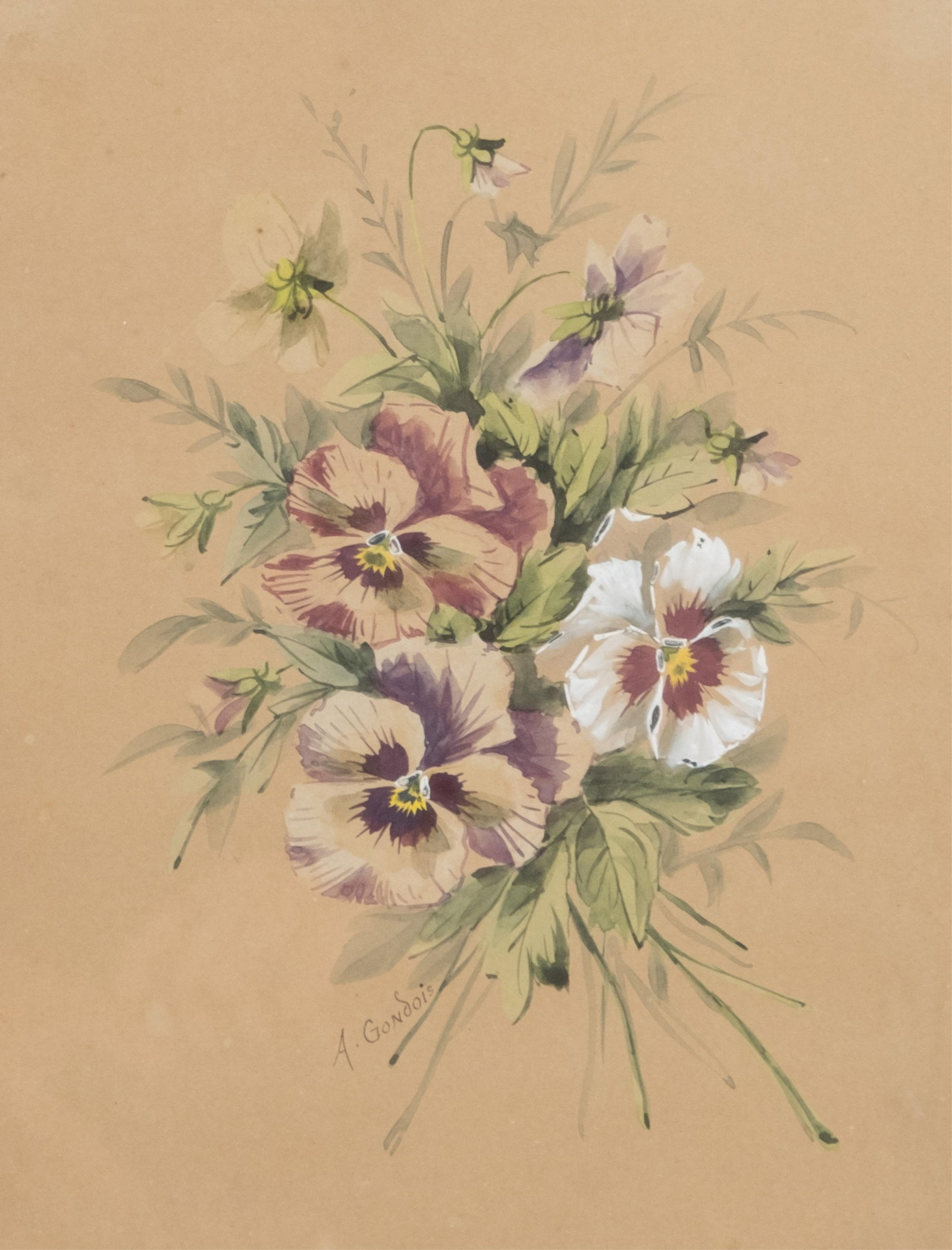 Auguste Gondois Watercolor Painting Bouquet of Pansies, Signed, 19th Century (1 of 9)