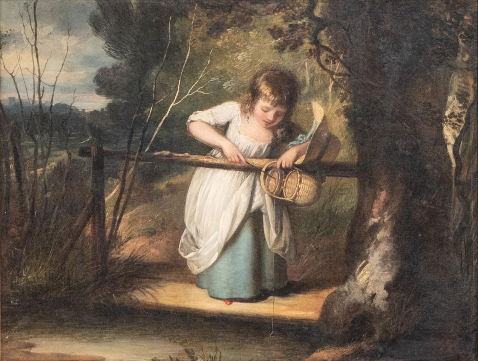 Oil on Canvas Painting "Little Girl Fishing", Circle of Nathaniel Hone the Elder (1 of 14)