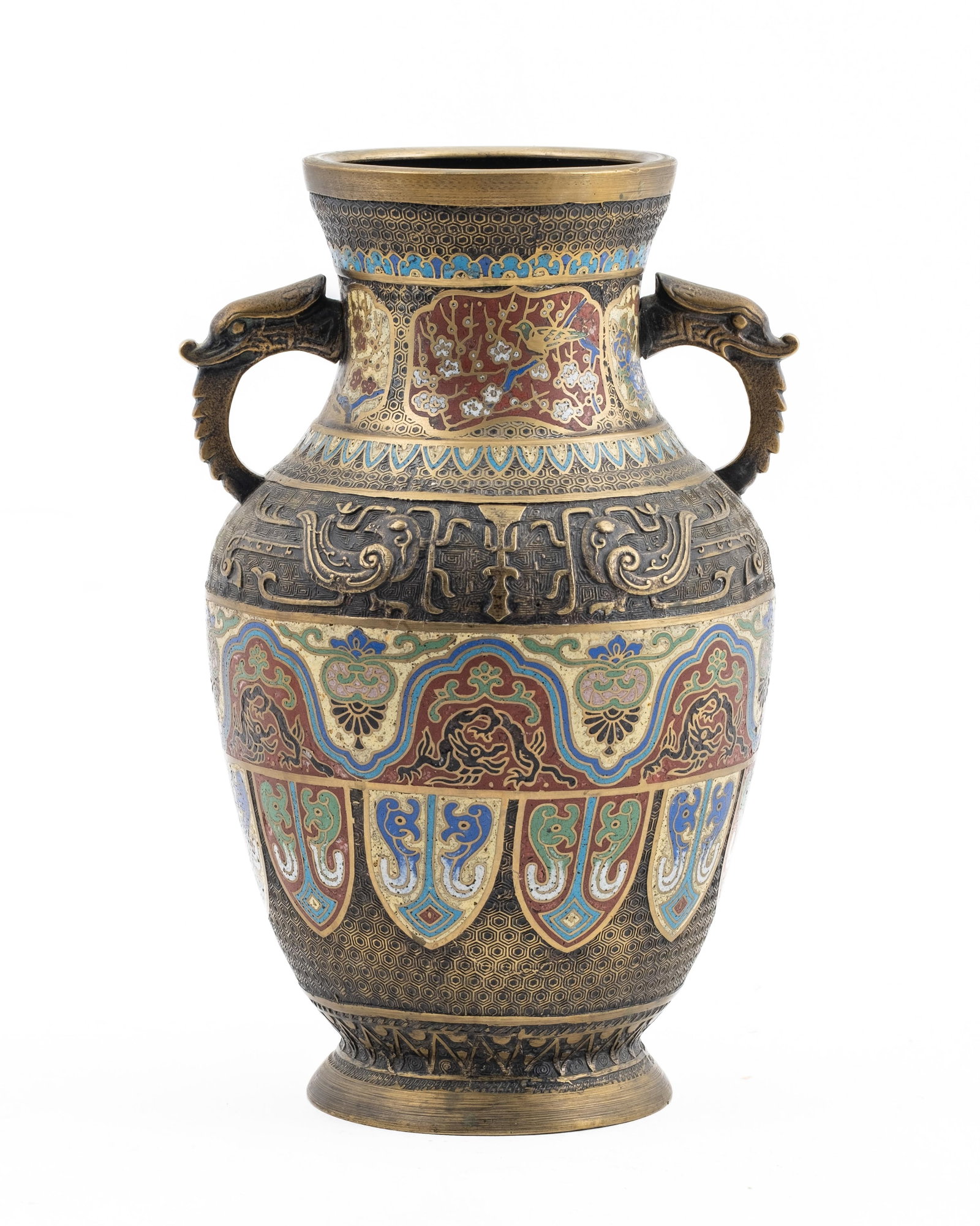 Vintage 14" Chinese Cloisonné Urn with Bird and Dragon Motifs: Keywords: Urn, Birds, Dragons, Floral Motifs, Enamel, Decorative Urn, Chinese artistry, ornate pattern, multi-colored enamel, cultural artifact, heritage piece, fine art, Asian influence Tall vintage 