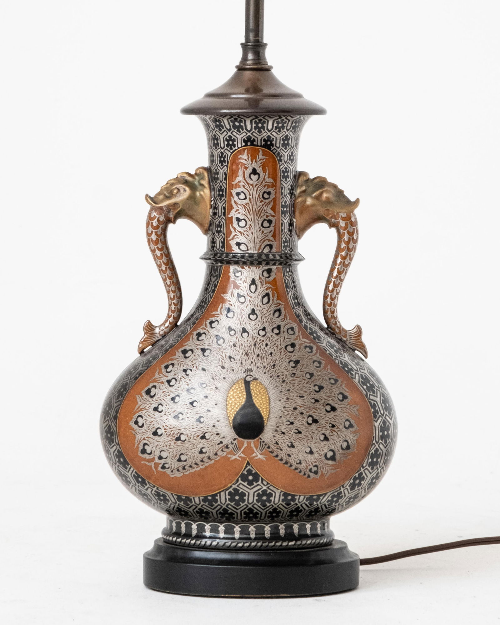 Japanese Enameled Metal Peacock Vase Table Lamp (1 of 7)