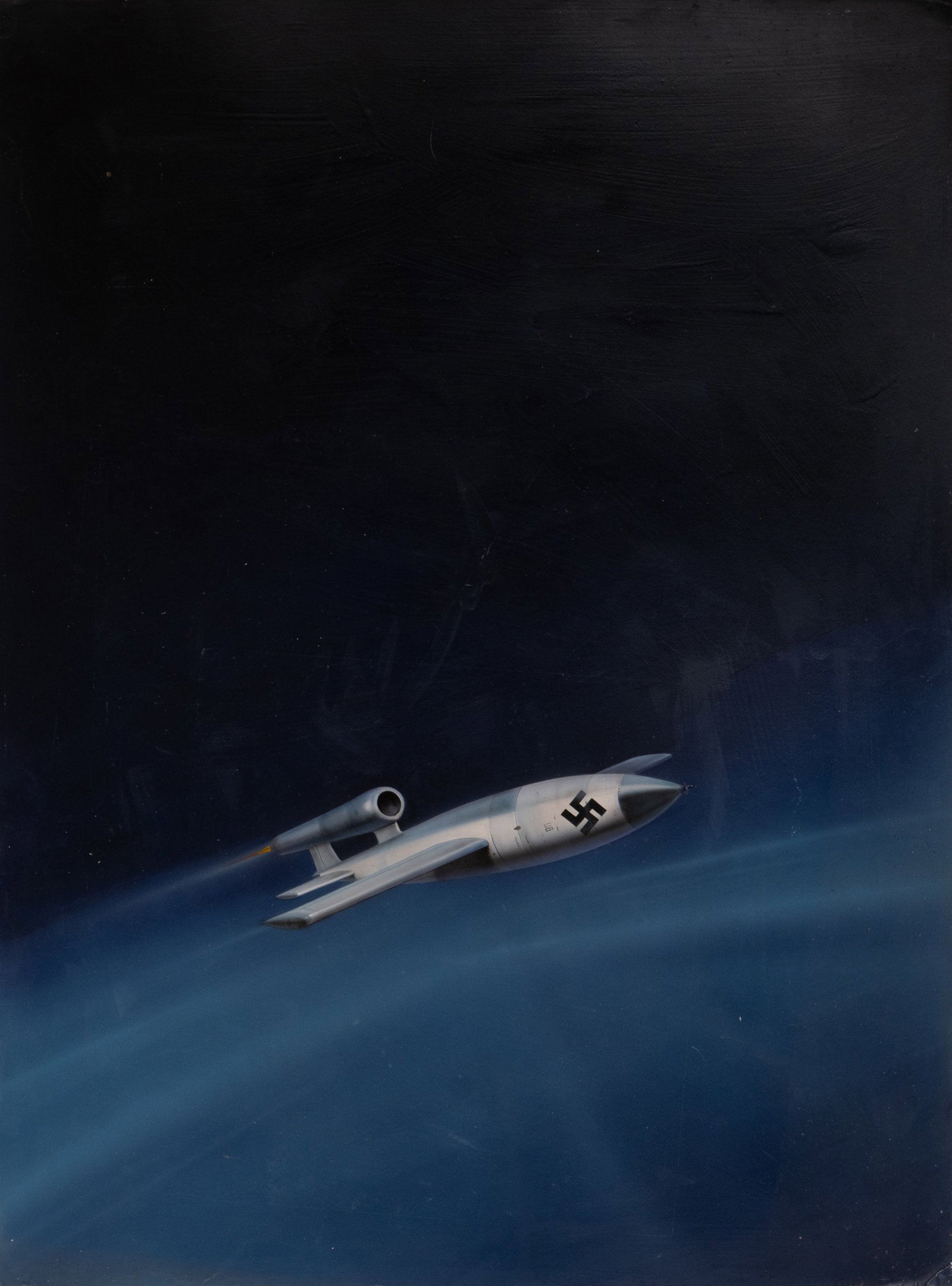 Bill Schmidt Original Mixed Media Illustration of a German WWII Flying Bomb: Keywords: William Schmidt, Illustration, German V1 Bomb, WWII, Flying Bomb, Jet Missile, Mixed Media, Oil on Board, Signed Artwork, Collectible ArtSigned Bill Schmidt and attributed to William Schmidt