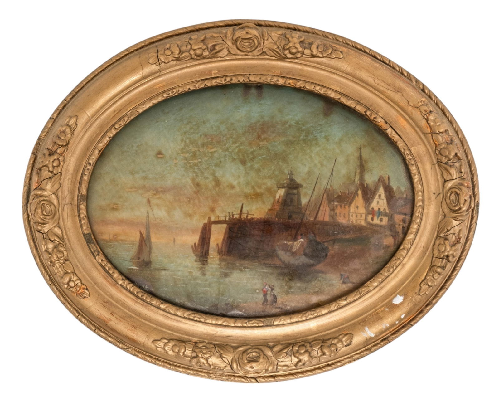 Antique Nautical Oil Painting on Canvas in Oval Frame, 19th Century (1 of 10)