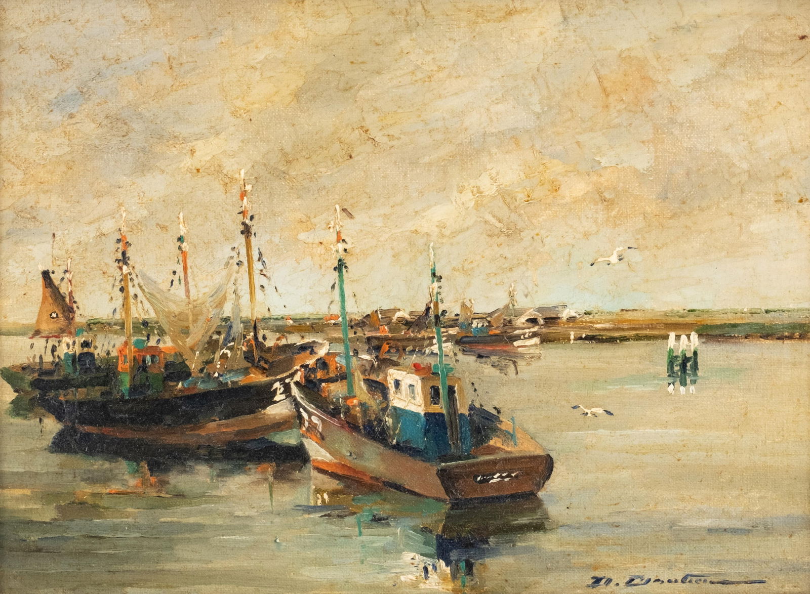 Mystery Artist, Titled "Fishing Boats" Oil on Canvas, 20th Century School (1 of 11)